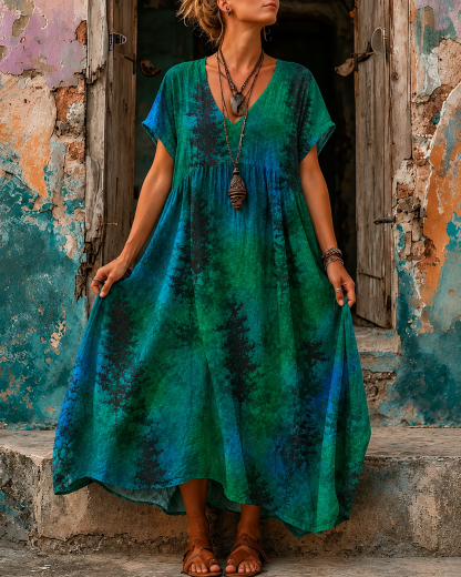 Women's Vacation Linen Boho Floral Print V-Neck Short Sleeve Maxi Dress