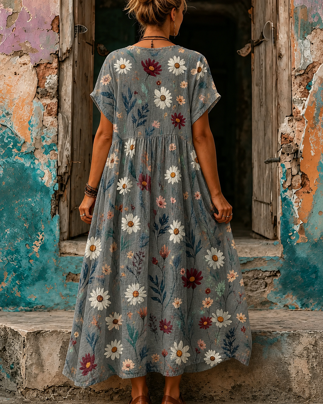 Women's Vacation Linen Boho Floral Print V-Neck Short Sleeve Maxi Dress
