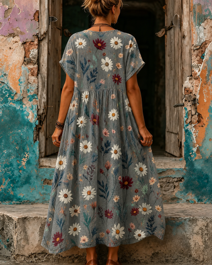Women's Vacation Linen Boho Floral Print V-Neck Short Sleeve Maxi Dress