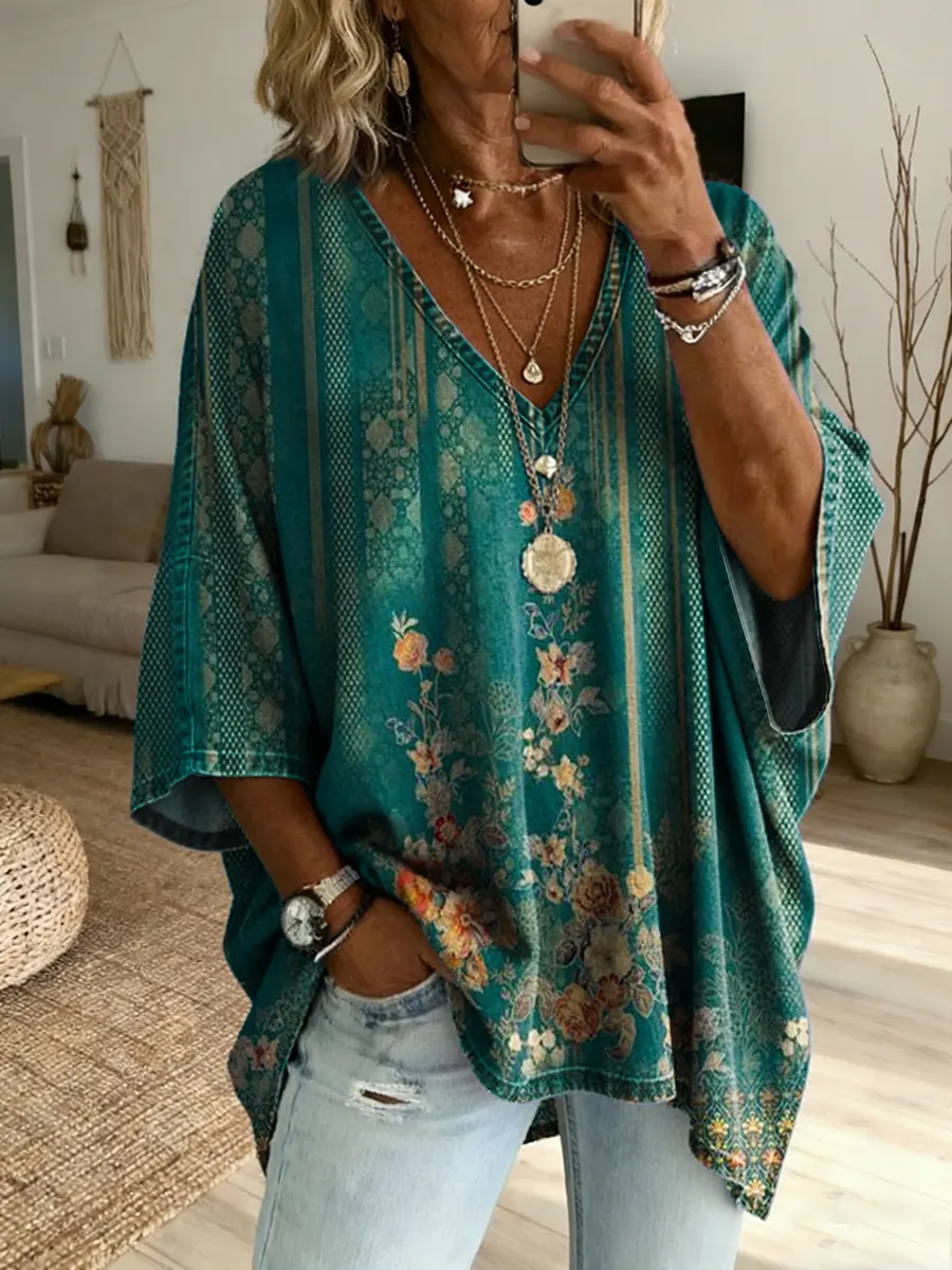 Ethnicity Green Flowers Geometry Women's Art Print Casual Washed Cotton Denim Top