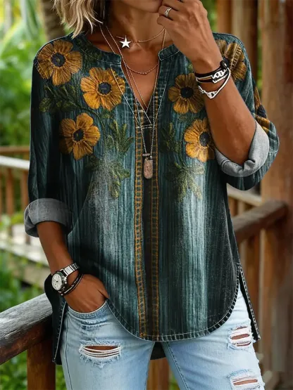 Women's Vintage Floral Print Casual V-neck Washed Cotton Denim Shirt