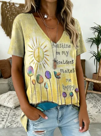 Women's Hippie Sunshine On My Shoulders Make Me Happy Print V-Neck Short-Sleeve Cotton T-Shirt