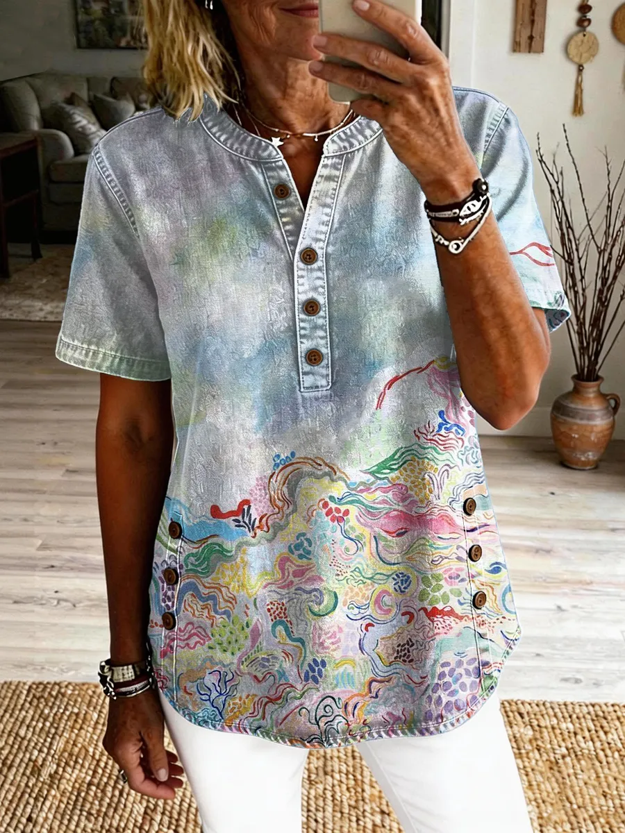 Women's Retro Colorful Ethnic Art Print Casual Short-sleeve Shirt