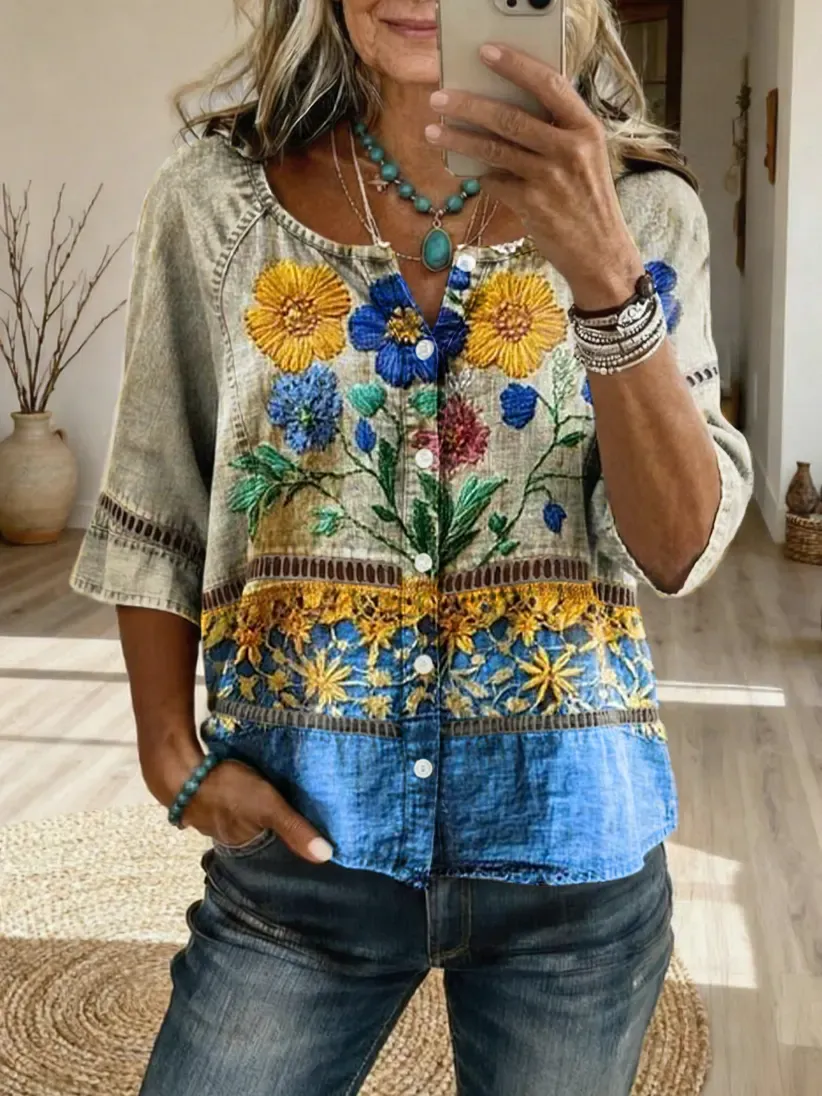 Women's Bohemian Colorful Patchwork Floral Art Print Casual Cutout Top