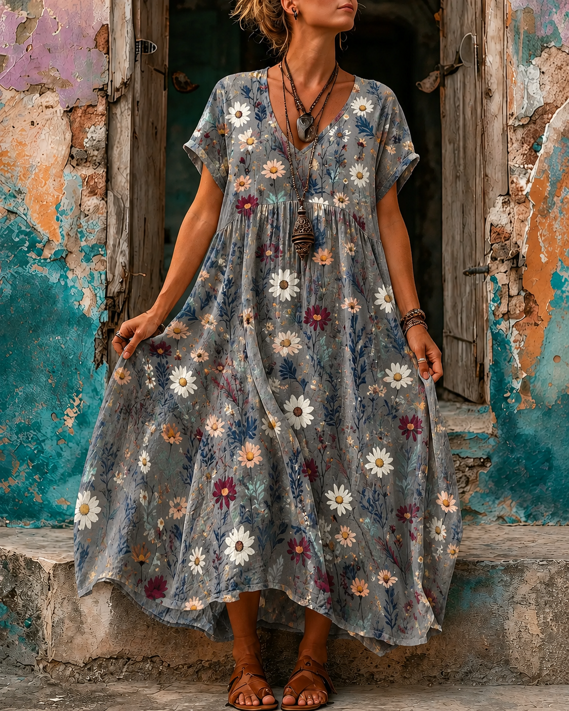 Women's Vacation Linen Boho Floral Print V-Neck Short Sleeve Maxi Dress