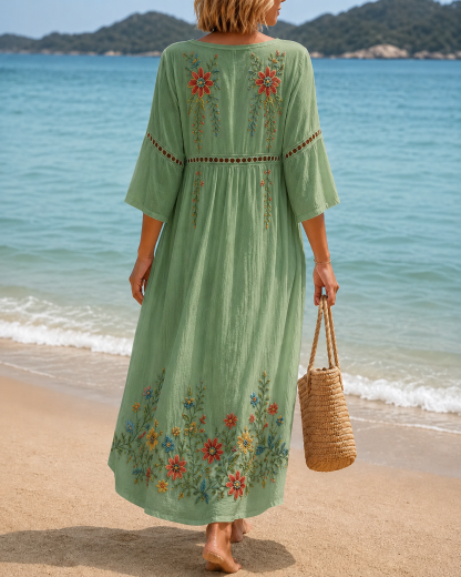 Women's Vacation Linen Boho Floral Print V-Neck Short Sleeve Maxi Dress