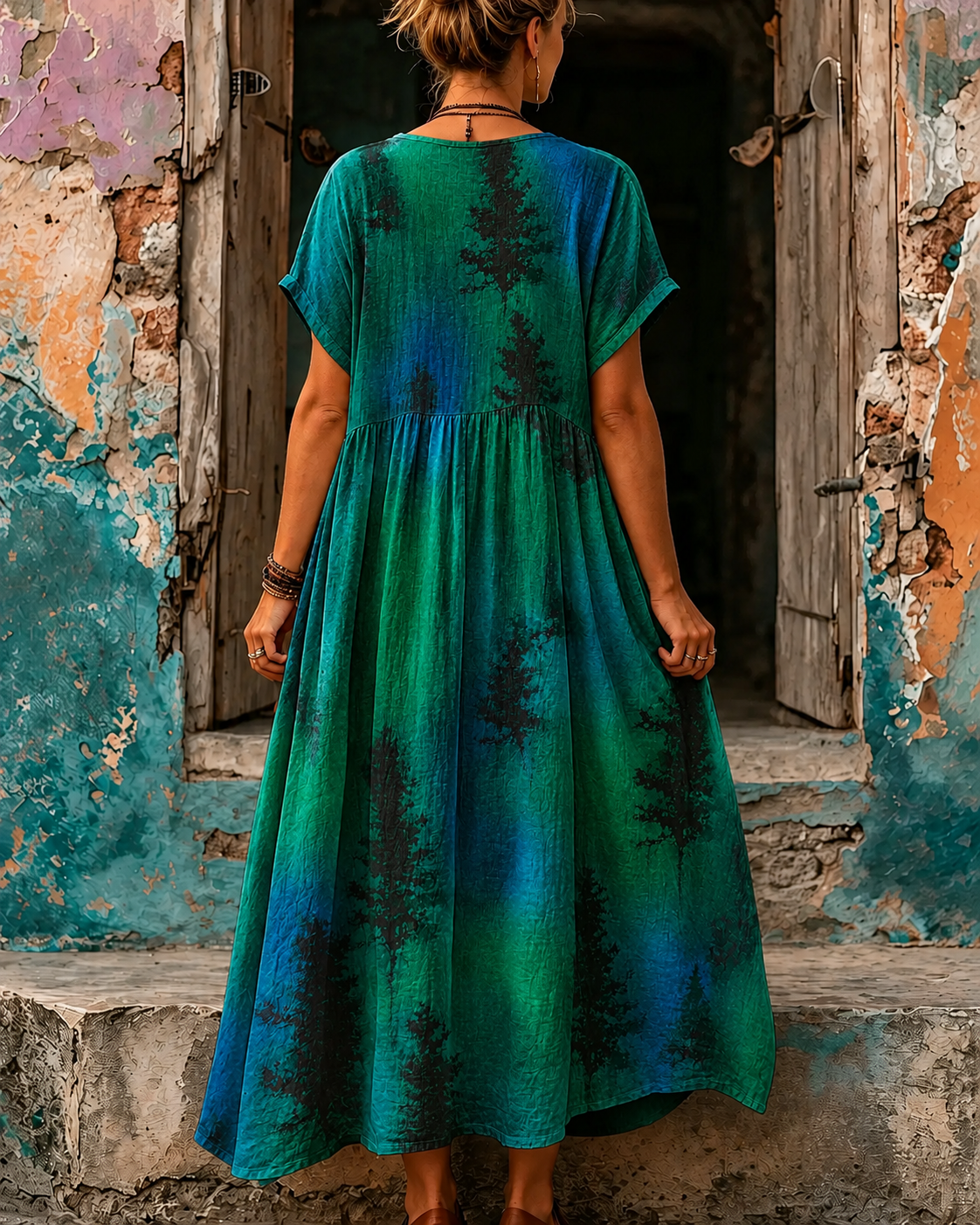 Women's Vacation Linen Boho Floral Print V-Neck Short Sleeve Maxi Dress