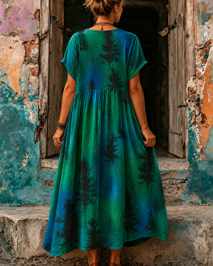 Women's Vacation Linen Boho Floral Print V-Neck Short Sleeve Maxi Dress