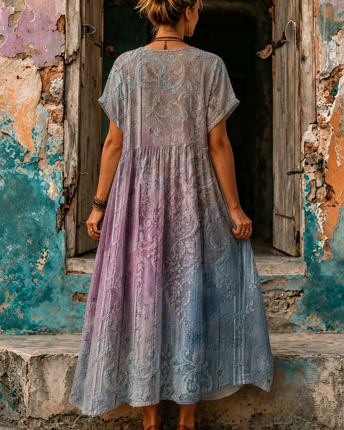 Women's Vacation Linen Boho Floral Print V-Neck Short Sleeve Maxi Dress