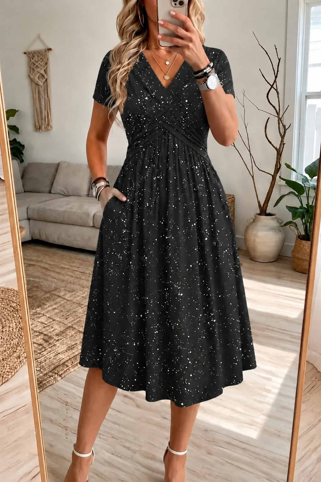 Women's V-Neck Floral Print Dress with Twist Waist