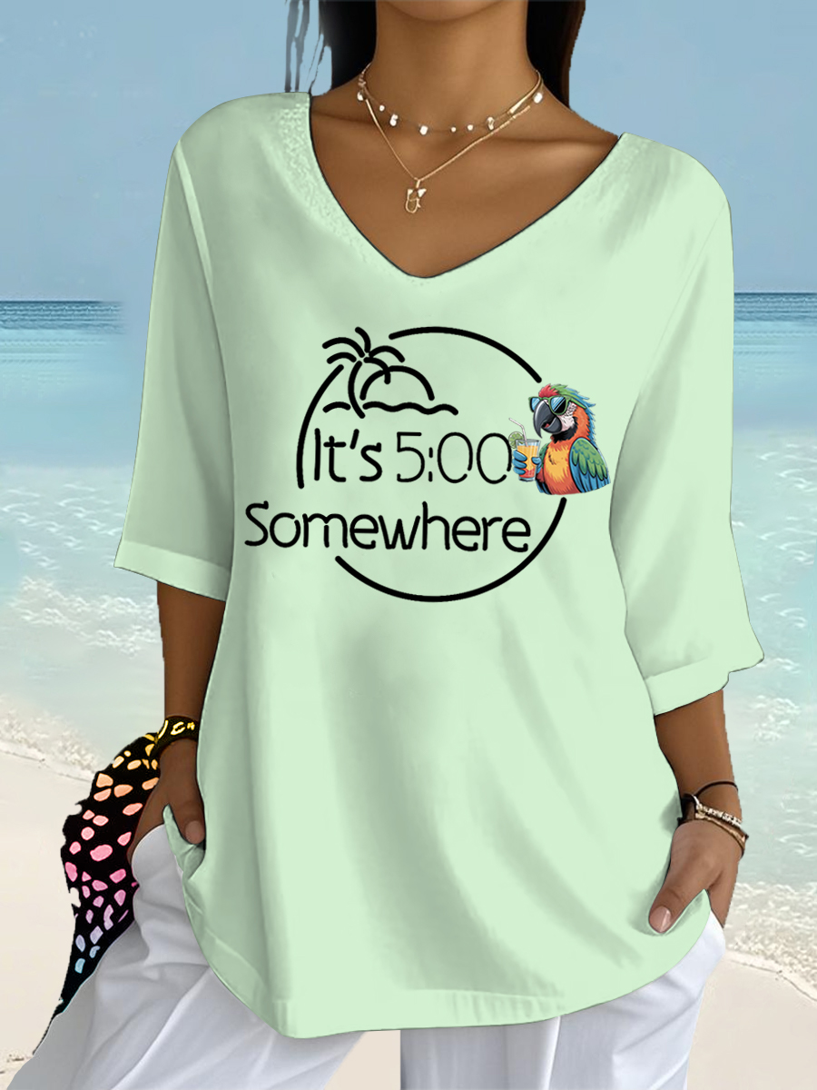 Women's I'm Retired It's 5 O'clock Everywhere Parrot Print Casual Half-Sleeve Top