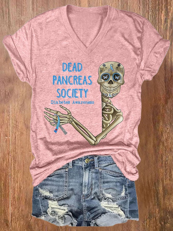 V-neck Diabetes Awareness Dead Pancreas Society Print T-Shirt