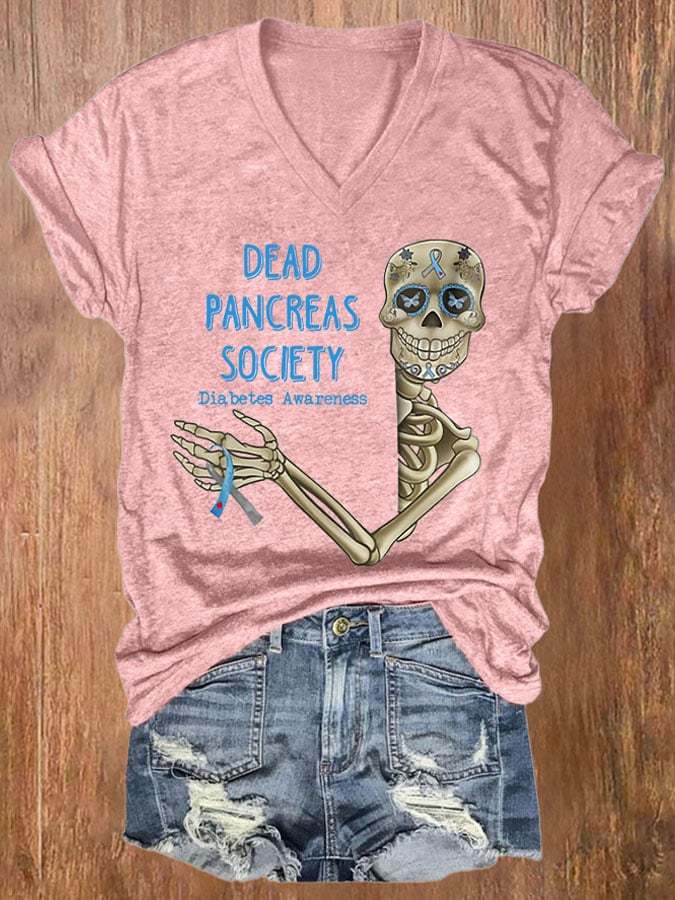 V-neck Diabetes Awareness Dead Pancreas Society Print T-Shirt