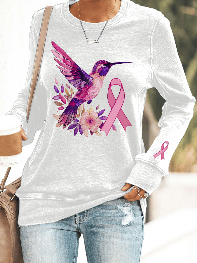 Women's Breast Cancer Awareness Hummingbird Print Crew Neck Sweatshirt