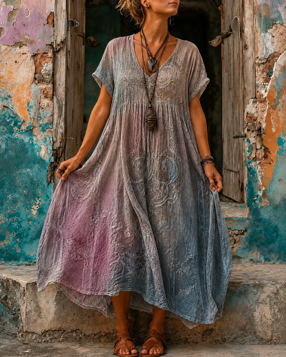 Women's Vacation Linen Boho Floral Print V-Neck Short Sleeve Maxi Dress