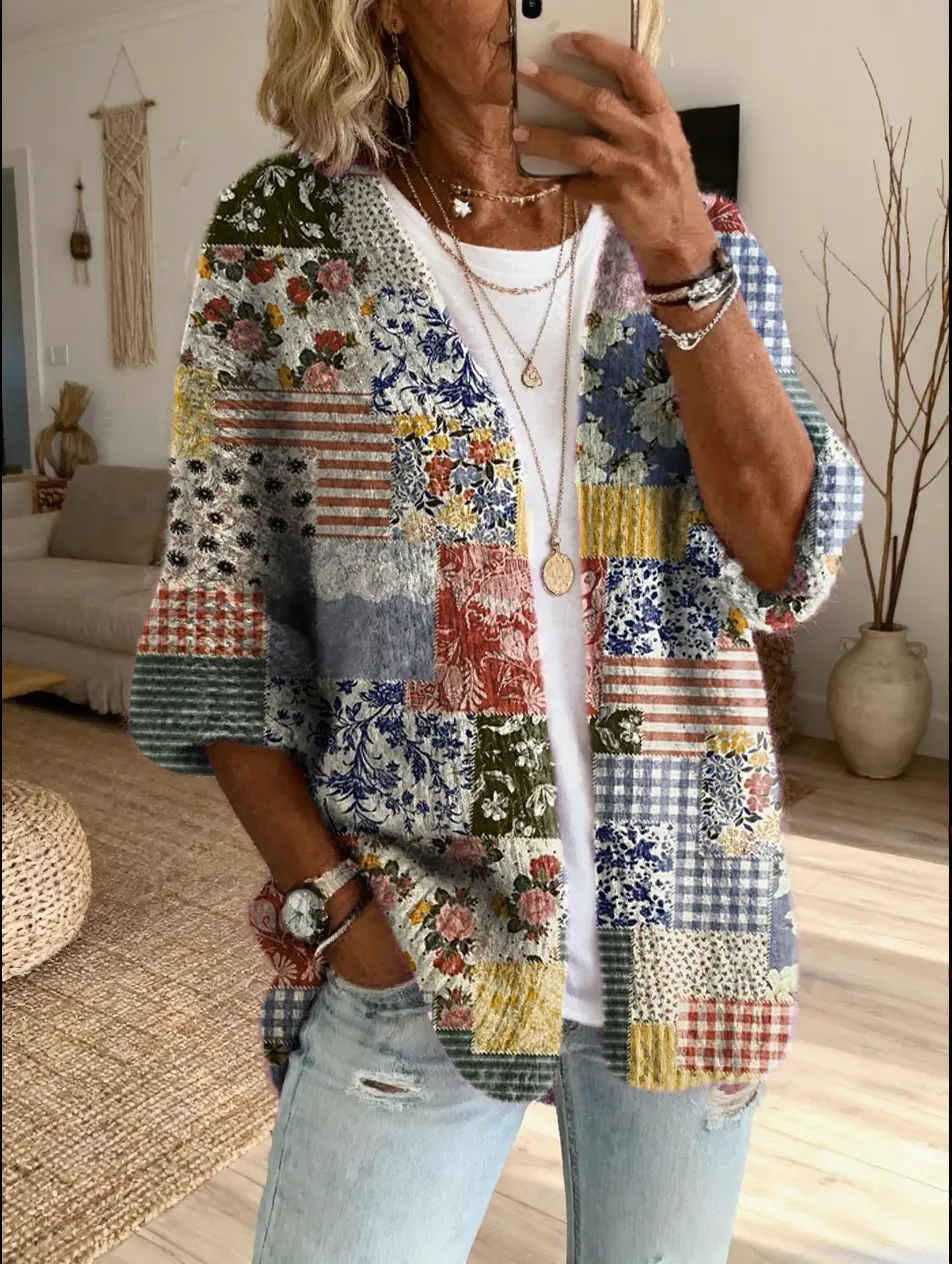 Women's Vintage Floral Patchwork Art Print Casual Cardigan Sweater