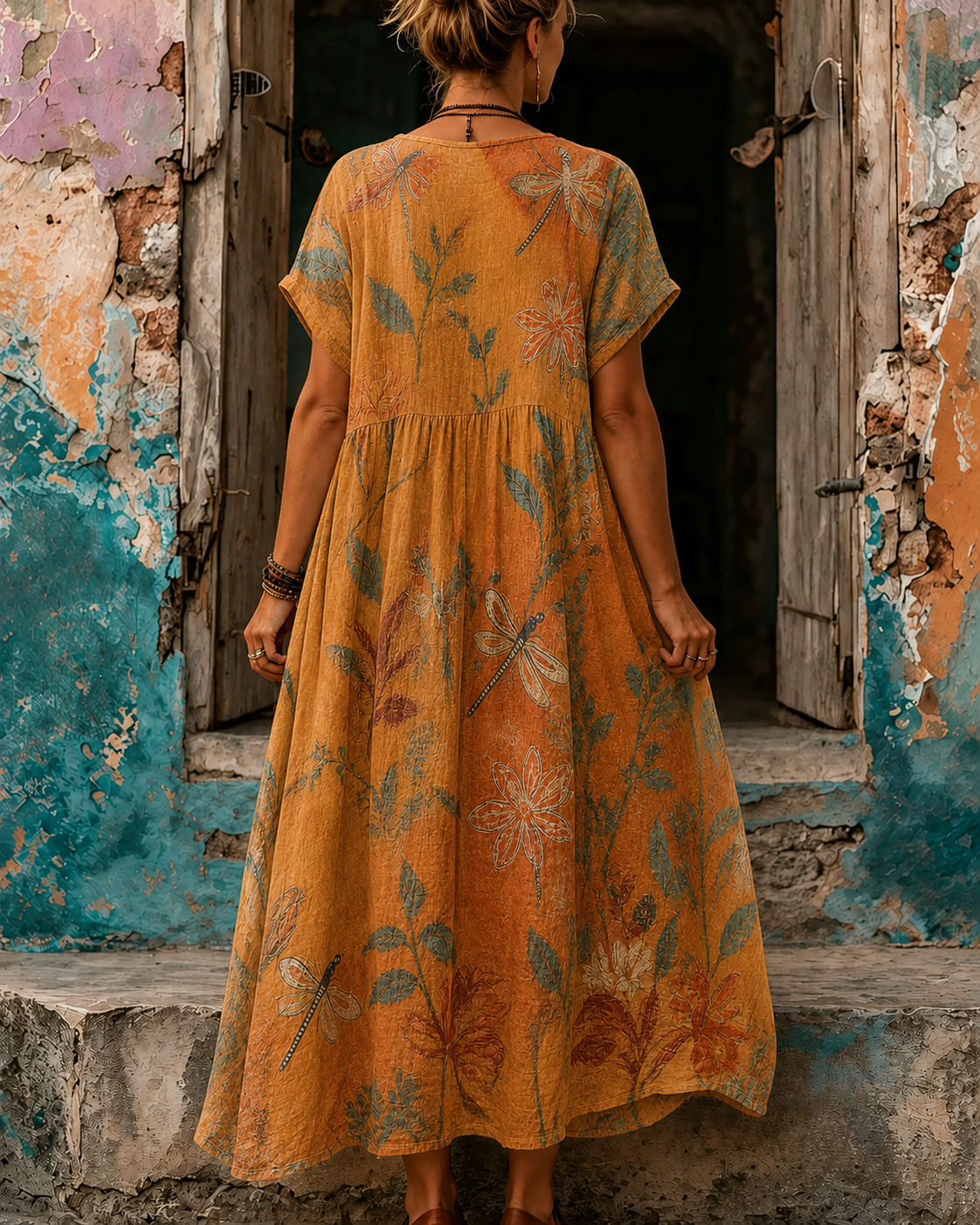 Women's Vacation Linen Boho Floral Print V-Neck Short Sleeve Maxi Dress