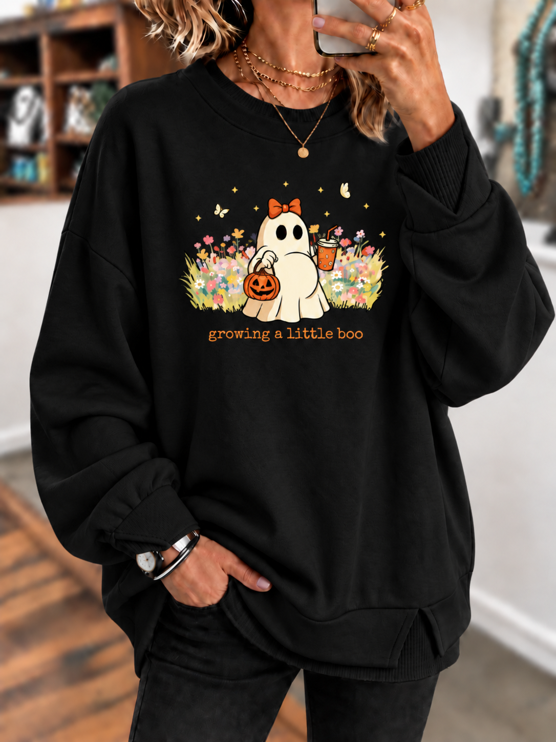 Growing a Little Boo Halloween Pregnancy Printed Sweatshirt