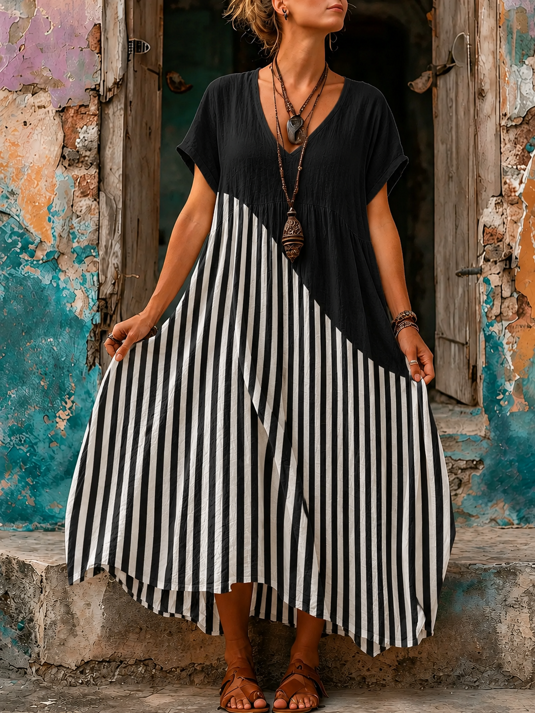 Casual Vacation Retro Geometric Print Maxi Dress