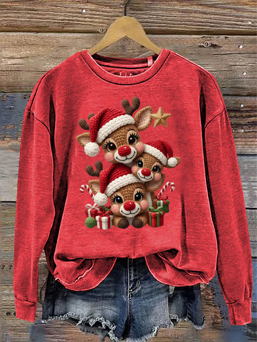 Women's Christmas Elks 3D Knitting Crochet Pattern Neck Sweatshirt