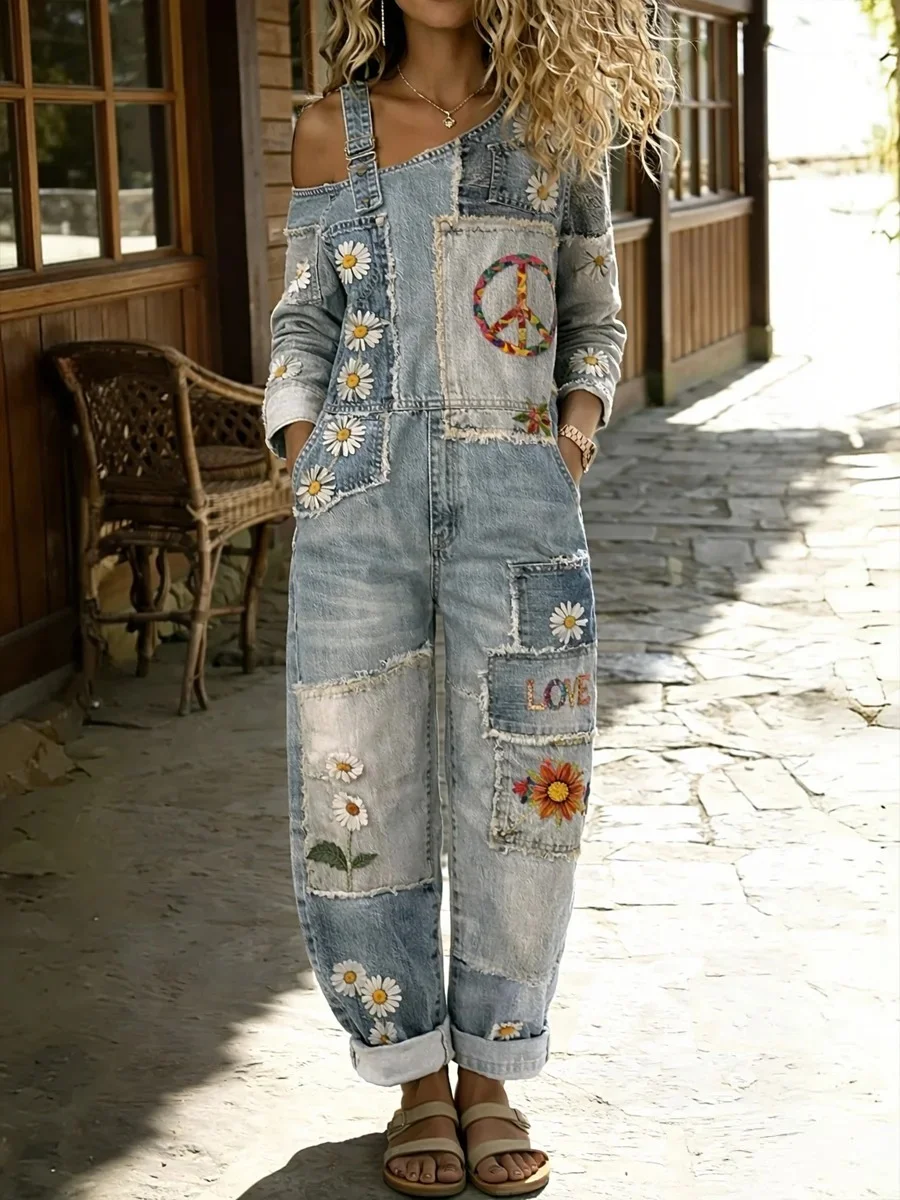 Women's Retro Floral Color-Blocked Art Print Washed Cotton Denim Patchwork Jumpsuit