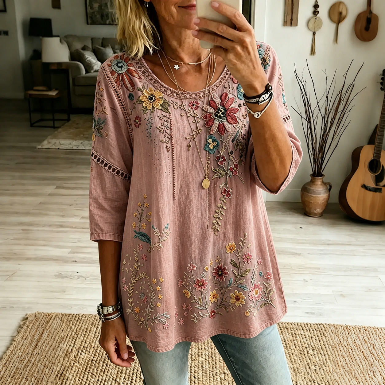 Women's Floral Embroidered Linen Blouse