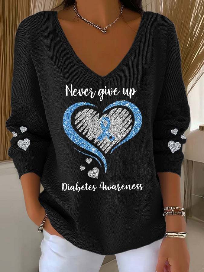 Women's Never Give Up – Diabetes Awareness Print V Neck Sweater
