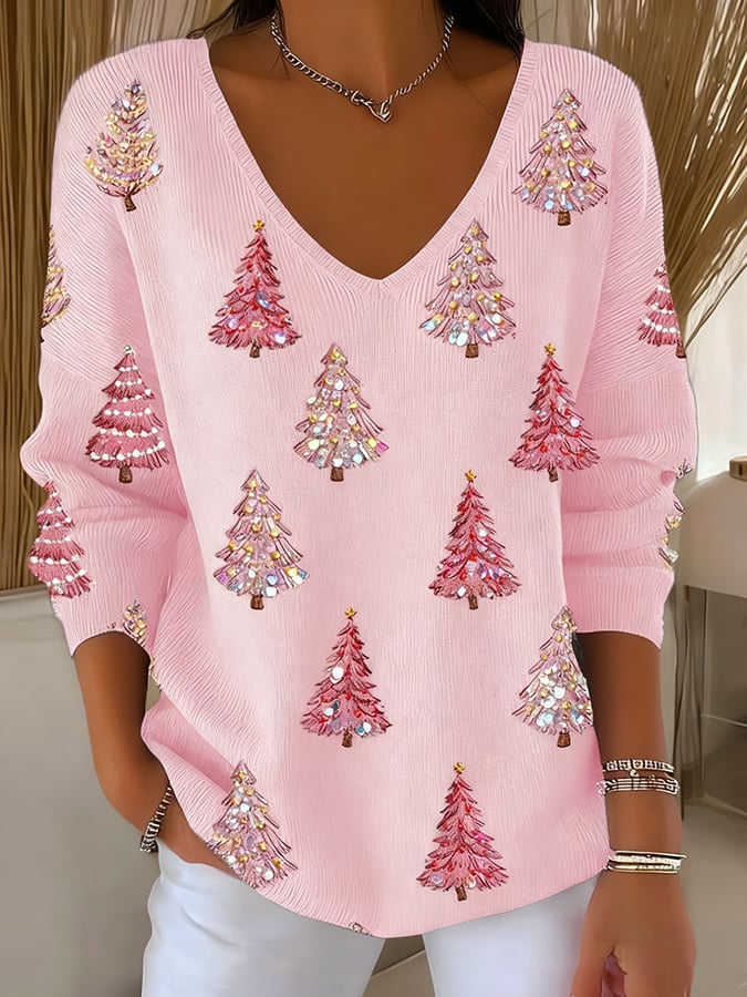 Women's Pink Christmas Tree Print Knit Long-Sleeve Top