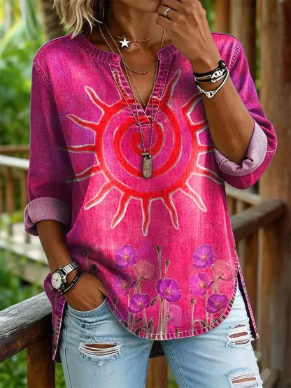 Women's Sunflower Floral Art Print Casual V-neck Washed Cotton Denim Shirt