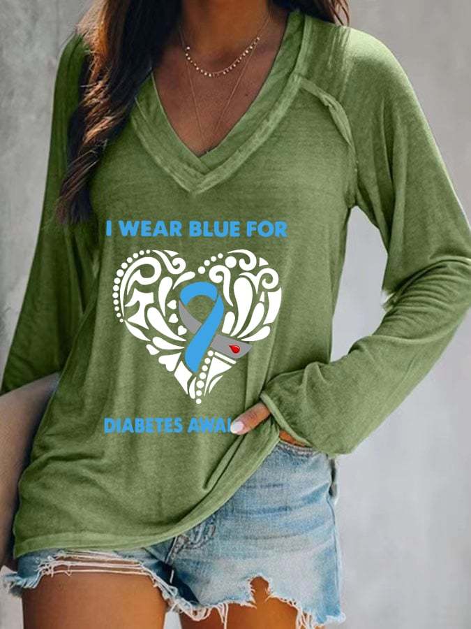 Women's I Wear Blue For Diabetes Awareness Print Long Sleeves Casual T-Shirt