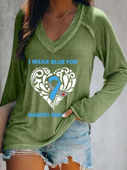 Women's I Wear Blue For Diabetes Awareness Print Long Sleeves Casual T-Shirt
