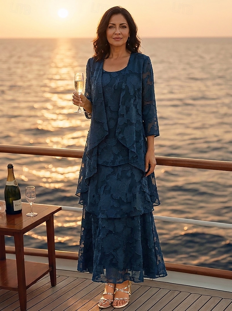 Two Piece Sheath Column Ankle Length Mother of the Bride Dress Sleeveless 3/4 Length Sleeve U Neck Scoop Neck Elegant Simple Floral Formal Wedding Guest Semi Formal Organza Jacquard with Ruffles Tier 2026 - $159.99 –P1