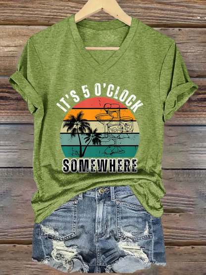 V-Neck Retro 5 O'clock Margarita Print T-Shirt