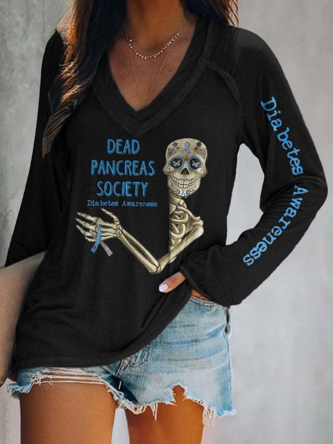 V-Neck Retro Diabetes Awareness Dead Pancreas Society Long Sleeve T-Shirt
