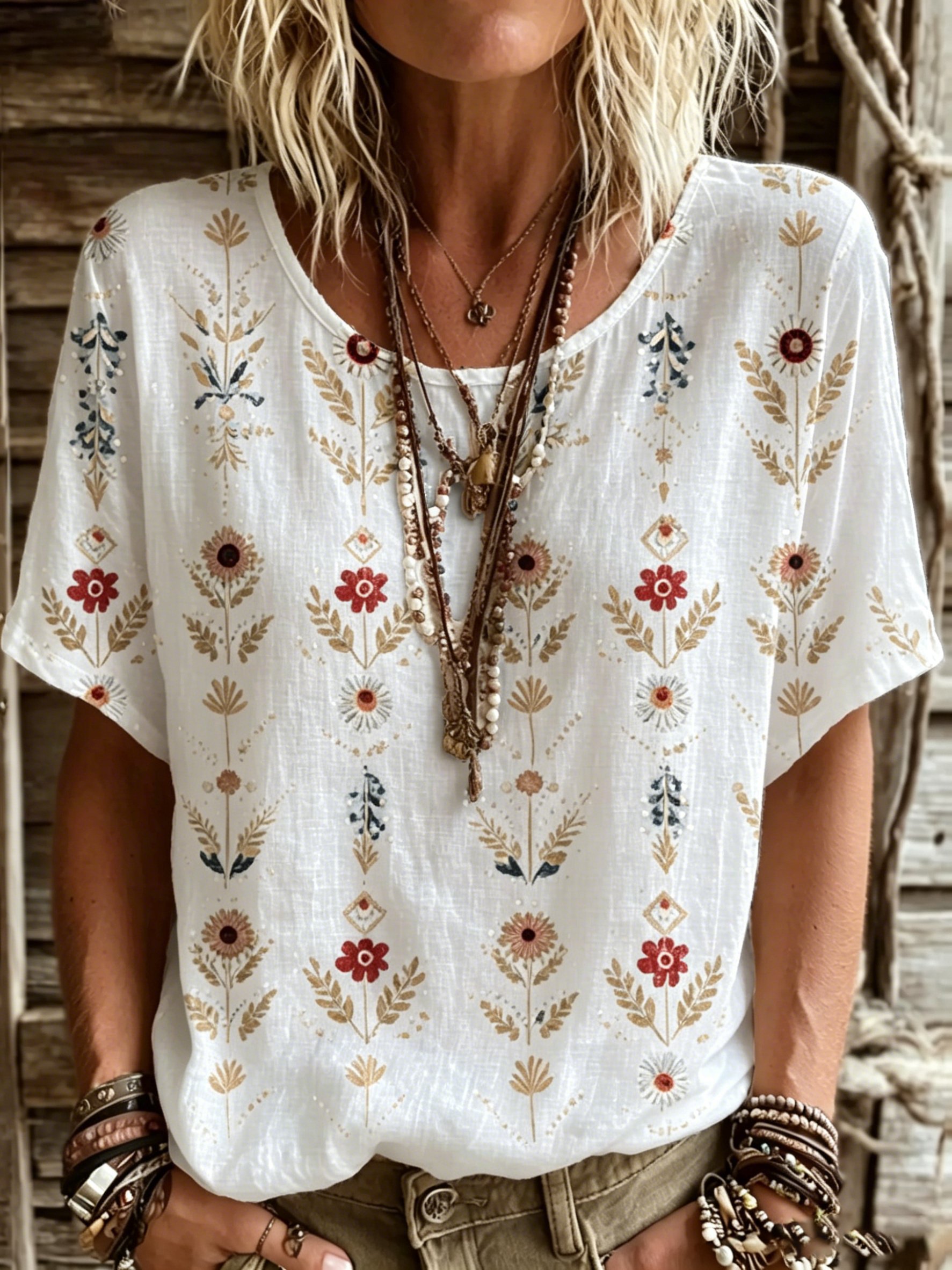 Women's Vintage Ethnic Floral Print Artistic Print Cotton-linen Round-neck Short-sleeve Shirt