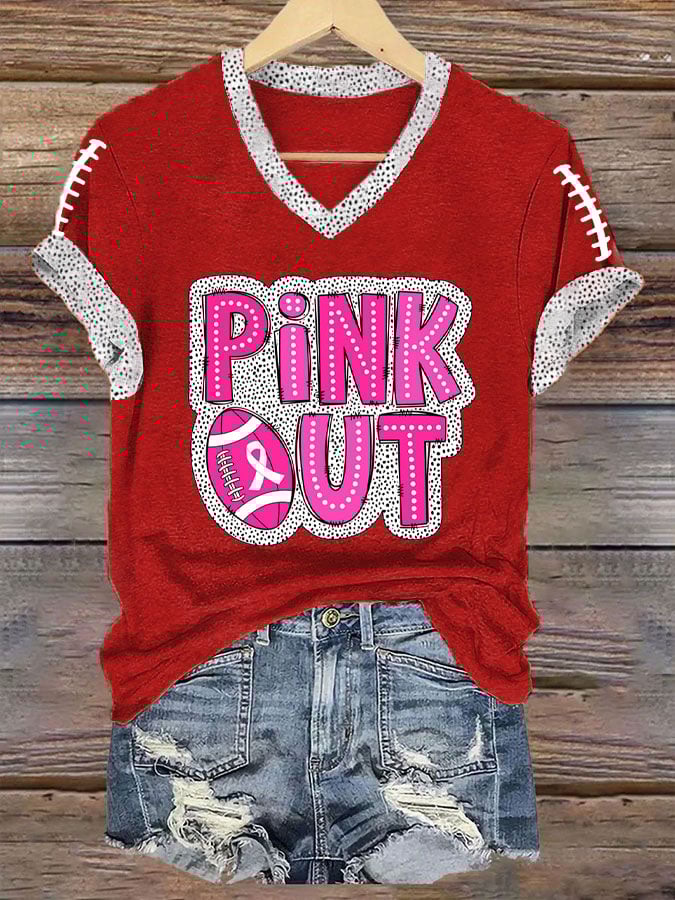 ❤️PINK OUT❤️Women's Pink Out Football Breast Cancer Print T-Shirt