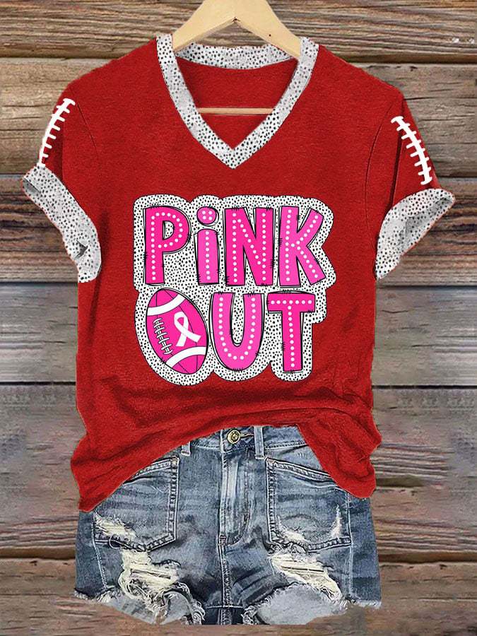 ❤️PINK OUT❤️Women's Pink Out Football Breast Cancer Print T-Shirt