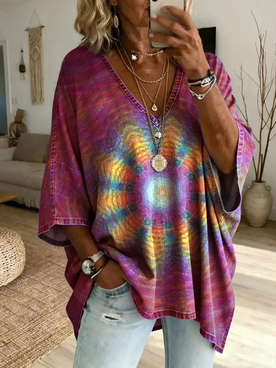 Ethnicity Kaleidoscope Purple Women's Art Print Casual Washed Cotton Denim Top