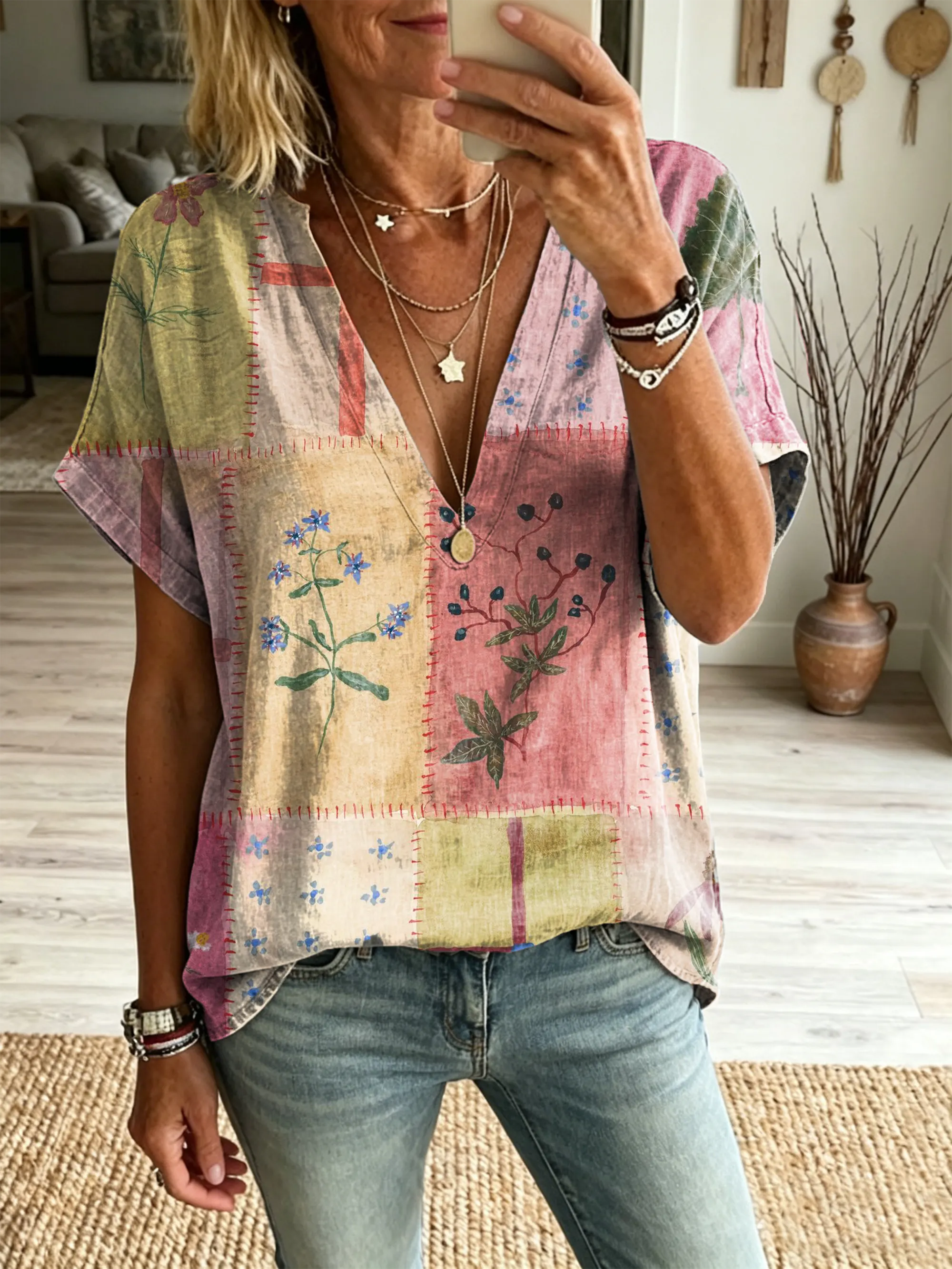 Women's Retro-Style Plaid-Paneled Floral Art Print Casual V-Neck Short-Sleeve Shirt
