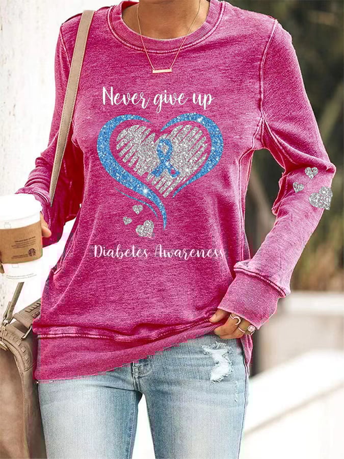 Women's Diabetes Awareness Never Give Up Print Casual Sweatshirt