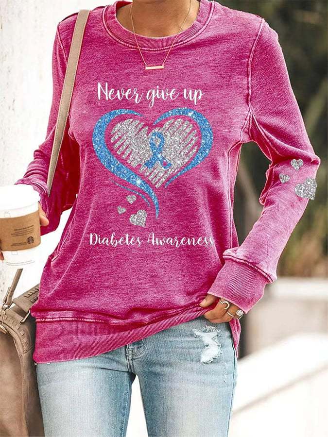 Women's Diabetes Awareness Never Give Up Print Casual Sweatshirt