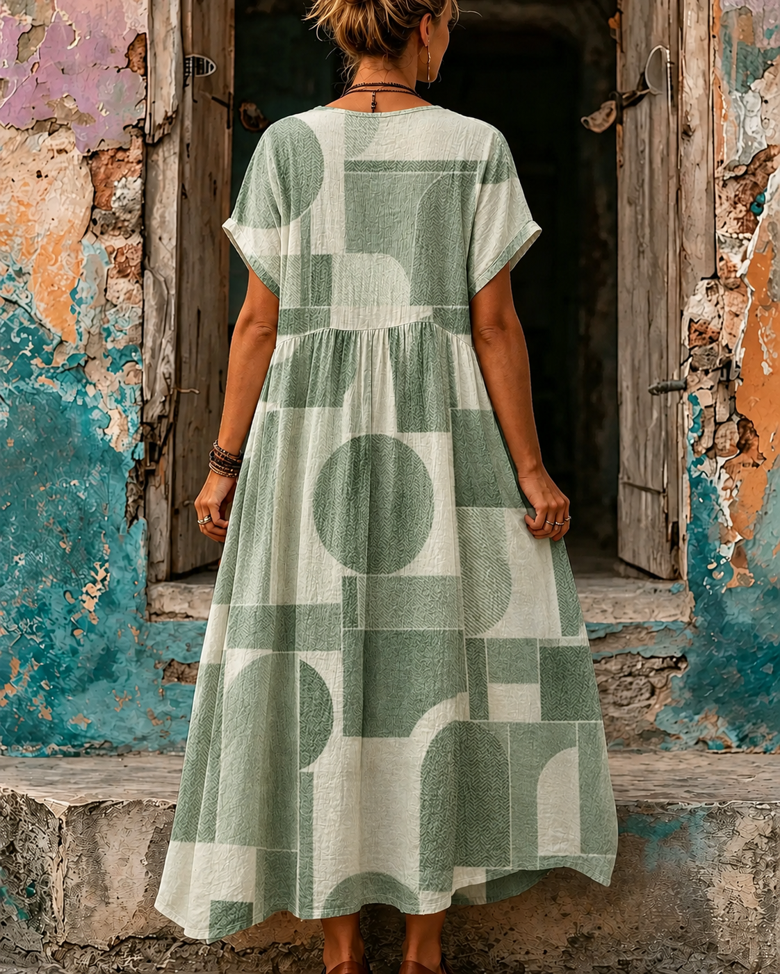 Casual Vacation Retro Geometric Print Maxi Dress