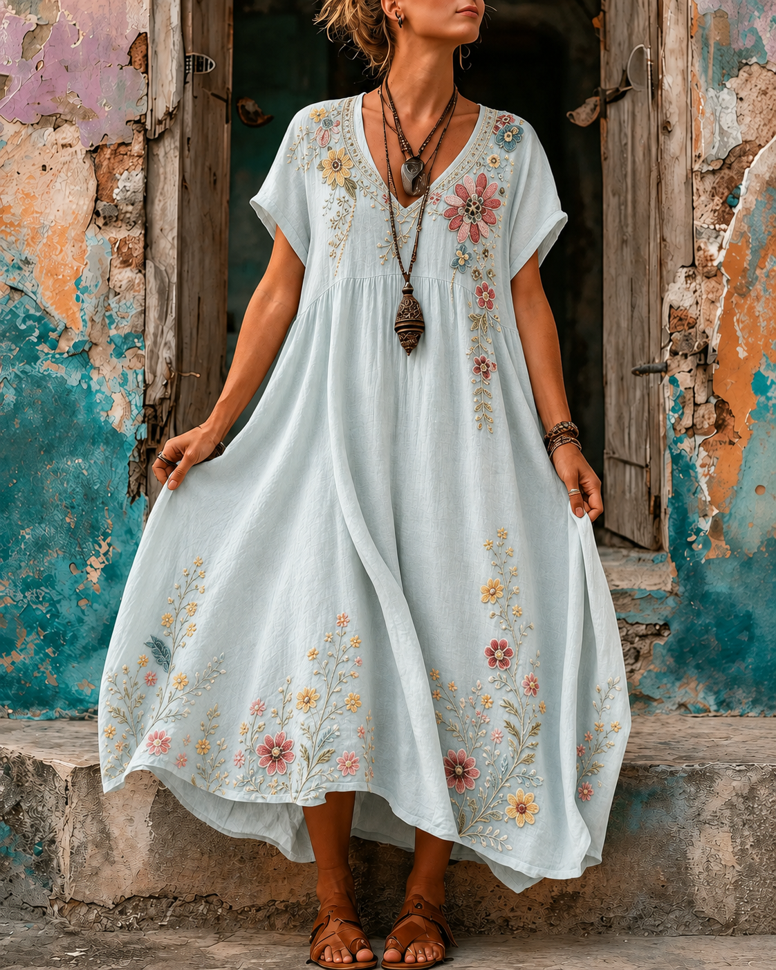 Women's Vacation Linen Boho Floral Print V-Neck Short Sleeve Maxi Dress