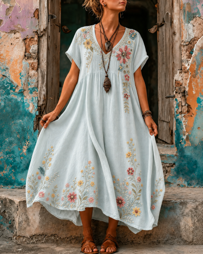 Women's Vacation Linen Boho Floral Print V-Neck Short Sleeve Maxi Dress