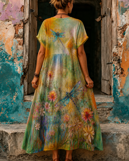 Women's Vacation Linen Boho Floral Print V-Neck Short Sleeve Maxi Dress
