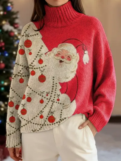 Woman's Christmas Vintage Art Print Knit Turtleneck Pullover Sweater