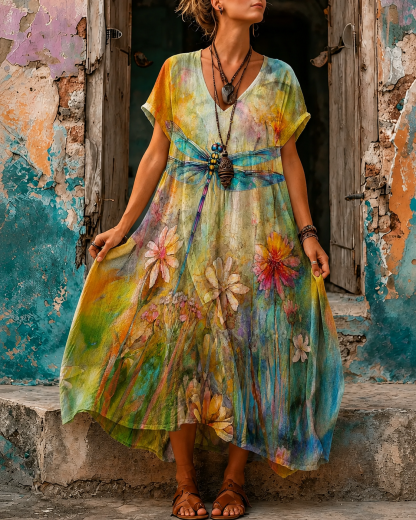 Women's Vacation Linen Boho Floral Print V-Neck Short Sleeve Maxi Dress