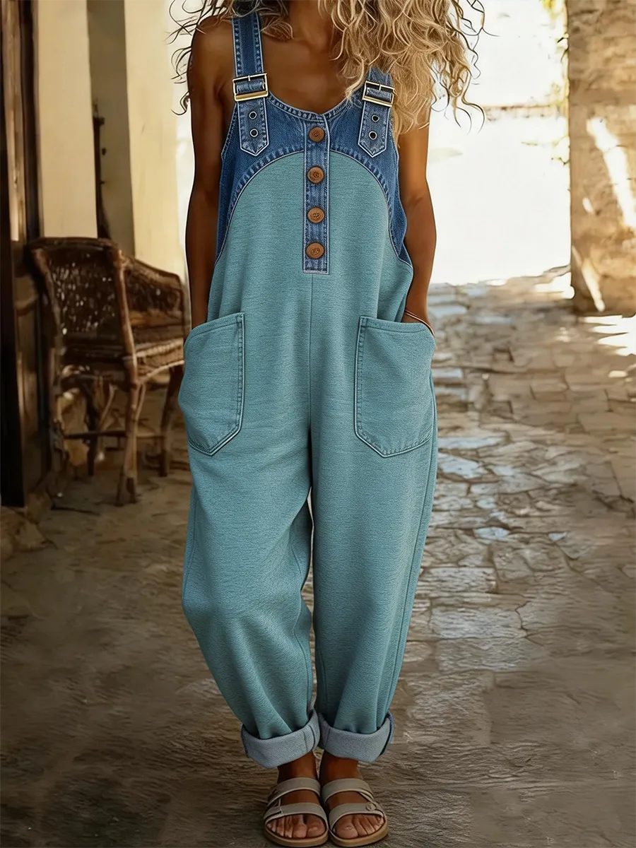Women's Casual Washed Cotton Denim Patchwork Jumpsuit
