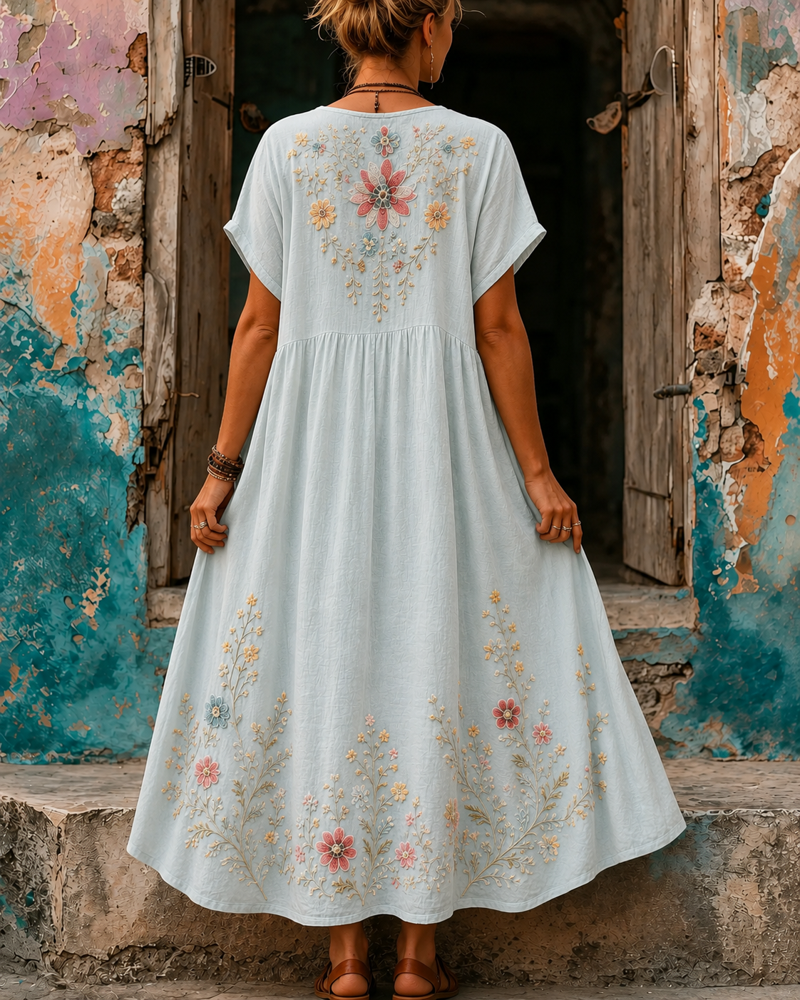 Women's Vacation Linen Boho Floral Print V-Neck Short Sleeve Maxi Dress