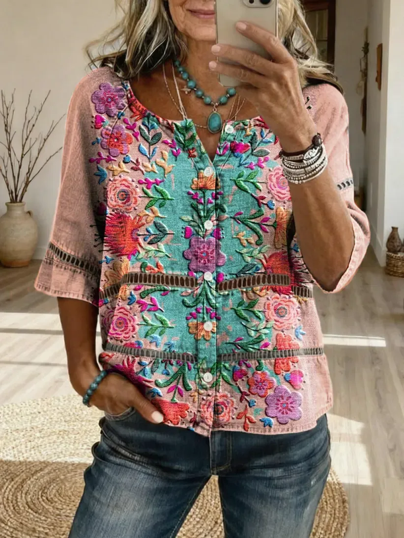 Women's Floral Art Print Casual Cutout Top